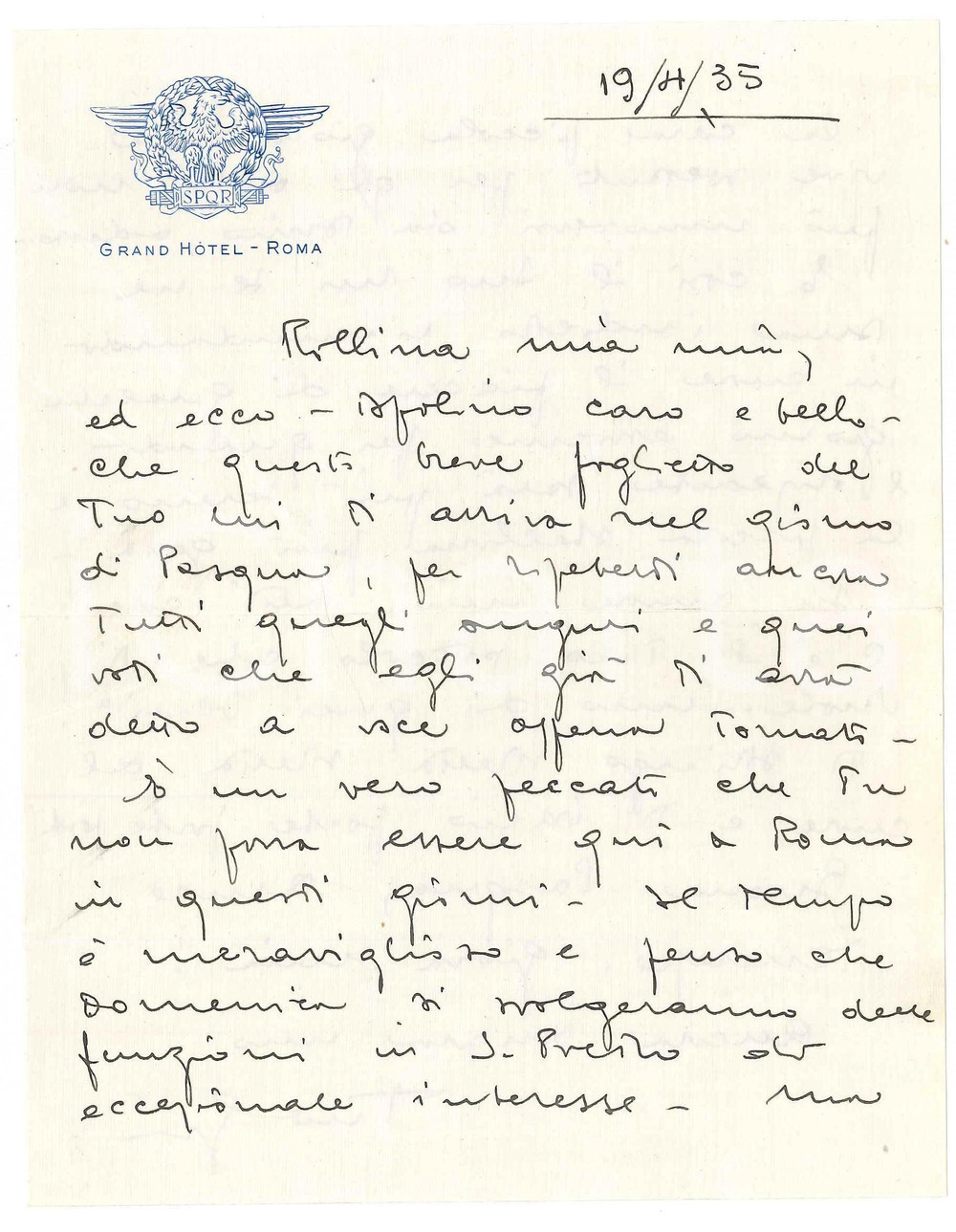 Manoscritto, lettera originale 1935 ROMA  GRAND HOTEL  Lettera d amore su carta intestata 1