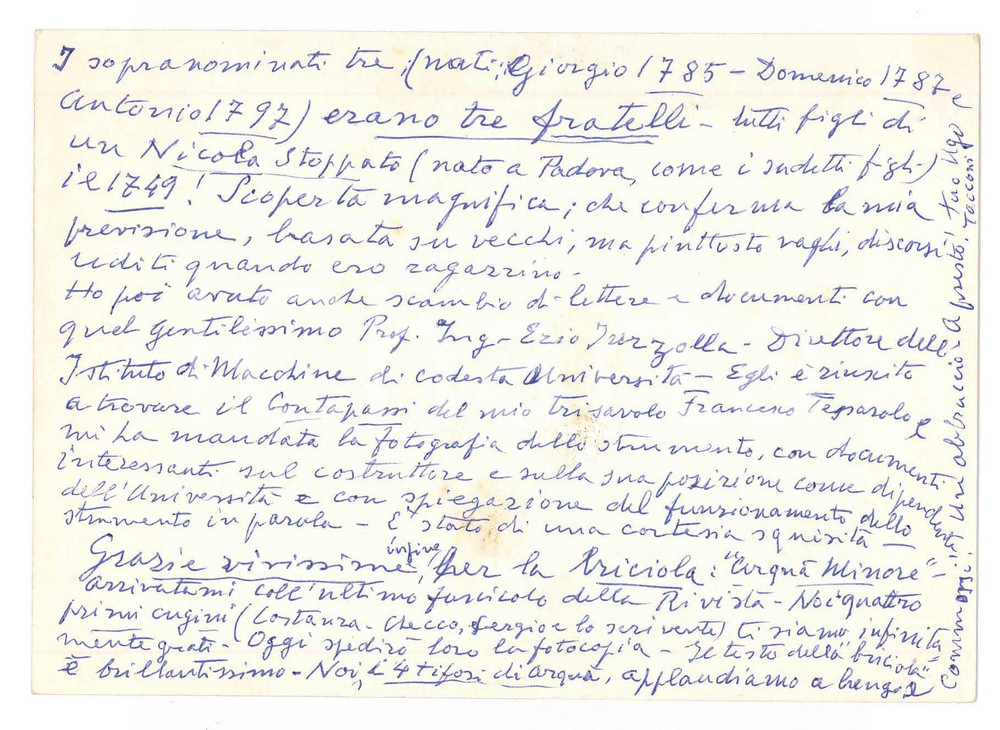 Autografo originale 1969 FIRENZE Biglietto prof. Ugo STOPPATO sui propri antenati AUTOGRAFO 1