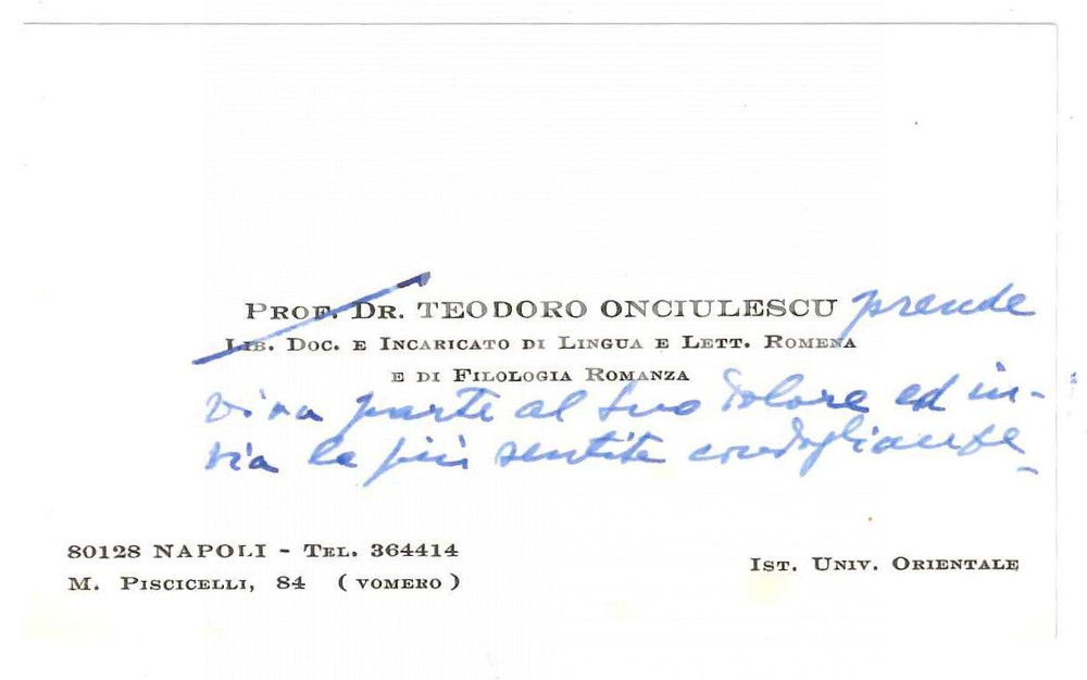Autografo originale 1970 NAPOLI Prof. Teodor ONCIULESCU  Biglietto da visita  Autografo 1