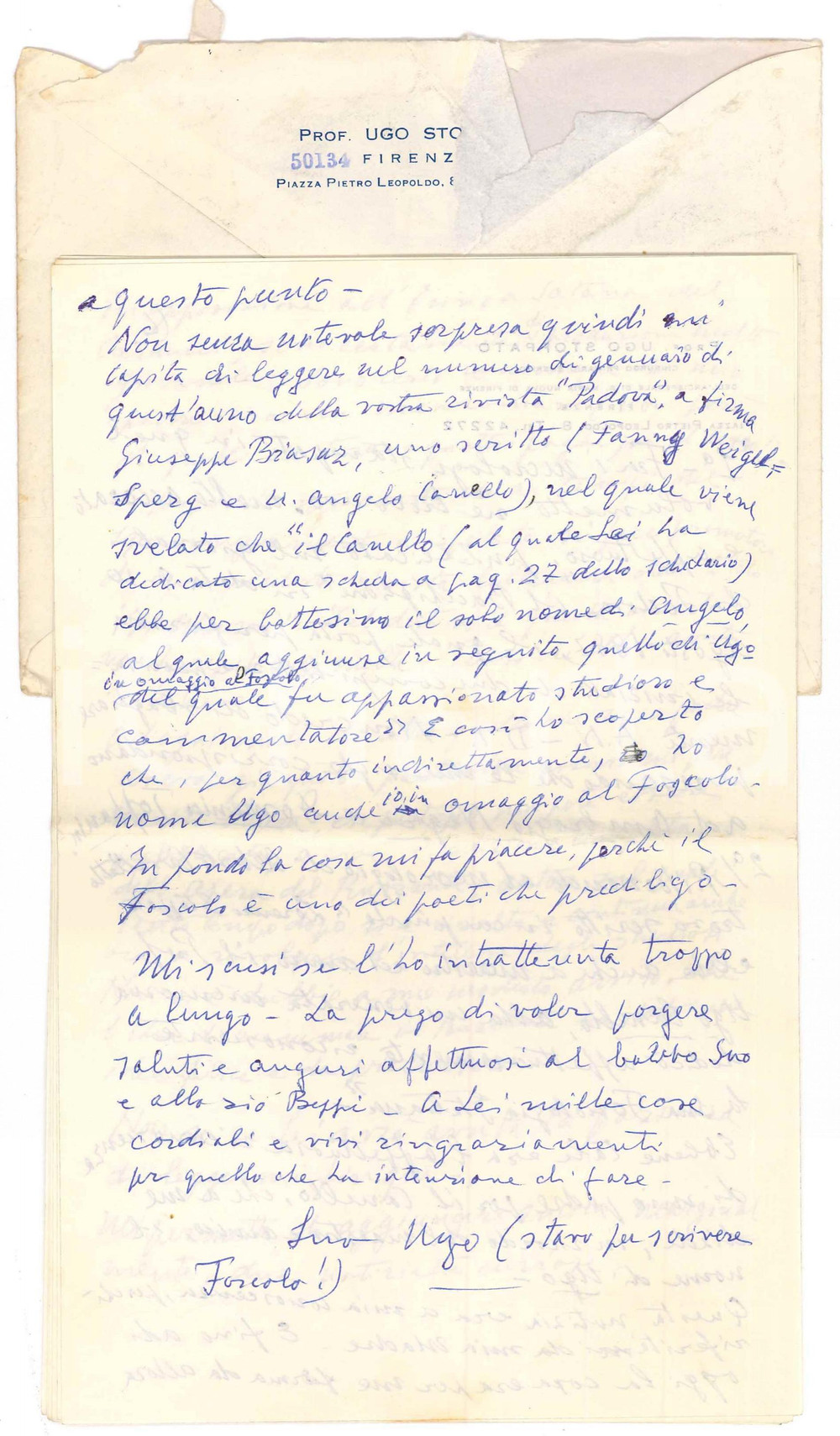 Autografo originale 1968 FIRENZE Lettera Ugo STOPPATO sulla carriera del padre Lorenzo  AUTOGRAFO 1