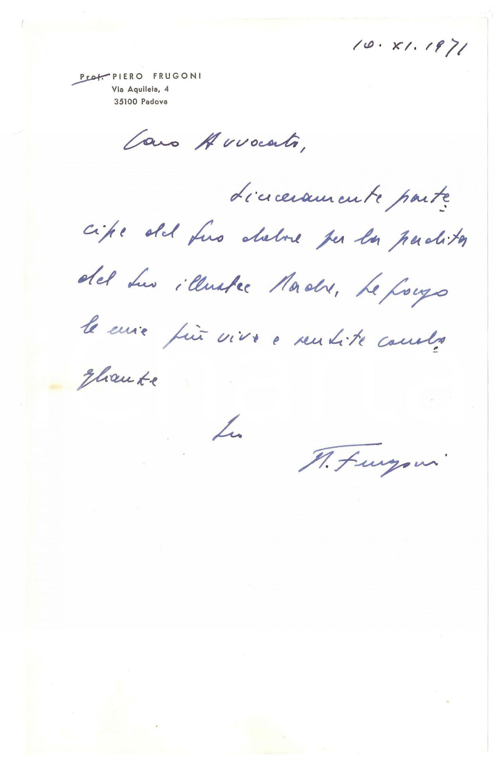 Autografo originale 1978 PADOVA Lettera Piero FRUGONI  Condoglianze  Autografo 1