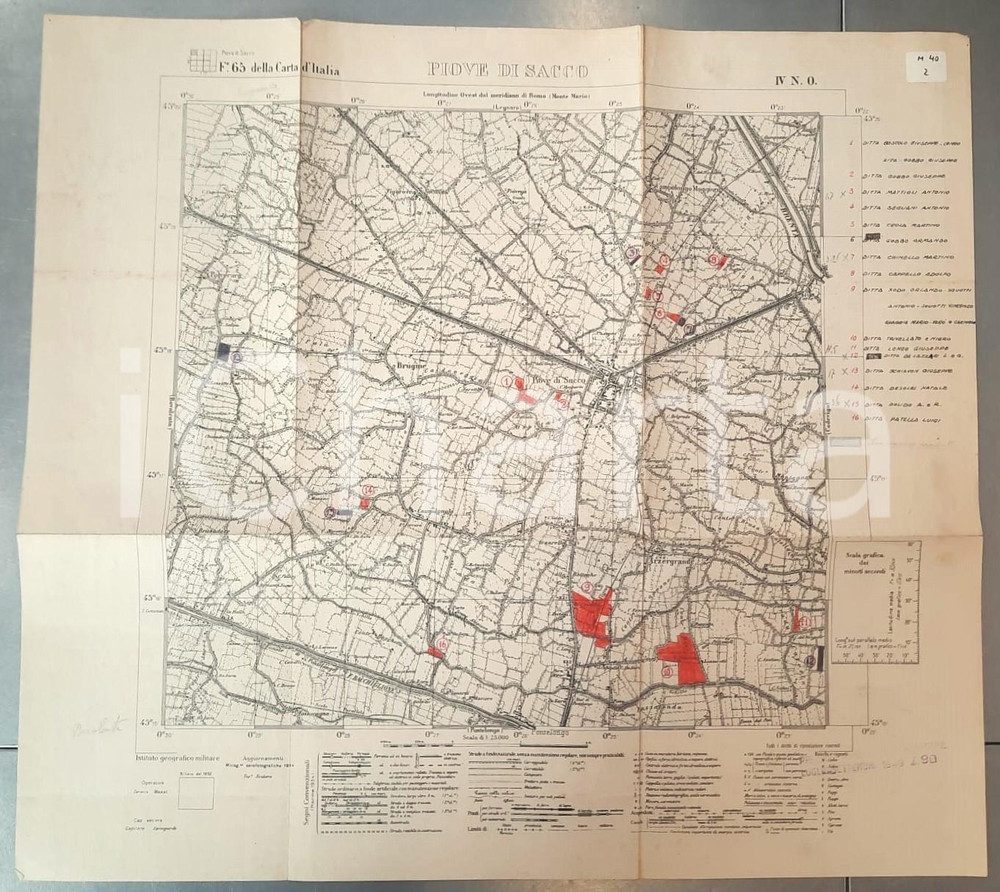 Mappa, planimetria storica 1949 Istituto Geografico Militare CARTA D ITALIA  PIOVE DI SACCO Mappa 55x50 1