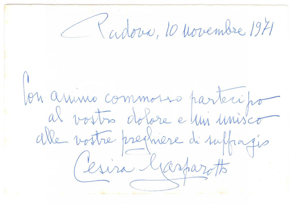 Autografo originale 1971 PADOVA Cesira GASPAROTTO  Biglietto condoglianze  AUTOGRAFO 1