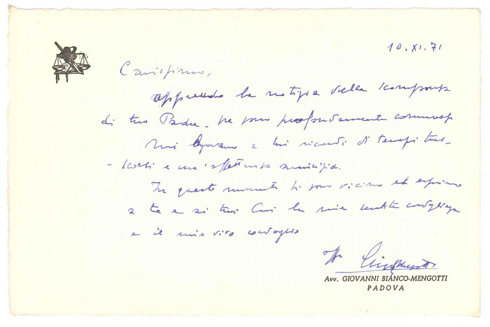 Autografo originale 1971 PADOVA Avv. Giovanni BIANCOMENGOTTI  Biglietto autografo 1