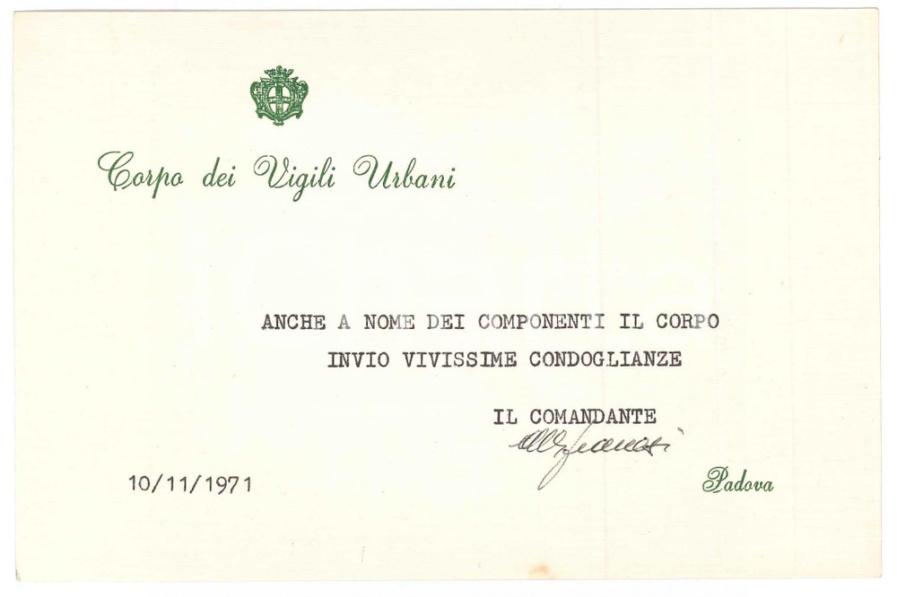 Autografo originale 1971 PAVIA Corpo dei Vigili Urbani  Comandante  Biglietto autografo 1