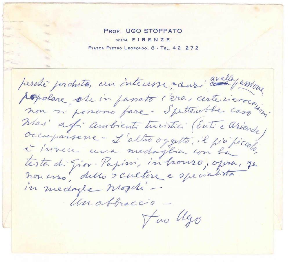 Autografo originale 1969 FIRENZE Biglietto Ugo STOPPATO per dono a un amico AUTOGRAFO 1