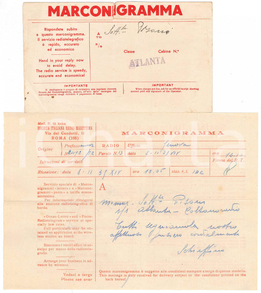 Documento originale, autentico 1935 GENOVA Marconigramma a Gastone PISONI  Piroscafo ATLANTA 1