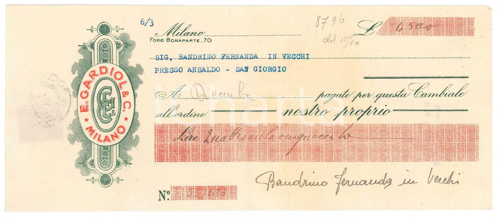 Oggetto da collezione cartaceo 1951 MILANO Foro Bonaparte  Ditta E. GARDIOL Assegno pubblicitario 1