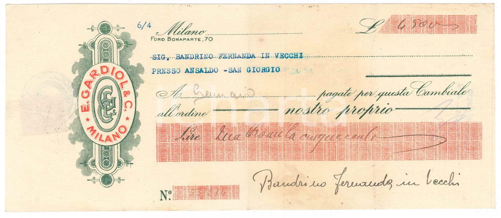 1951 ca MILANO Foro Bonaparte - Ditta E. GARDIOL - Assegno pubblicitario Assegno pubblicitario d'epoca.  FAIR/discreto piegature d'epoca FORMATO: 23x11 cm originale e autentica 1