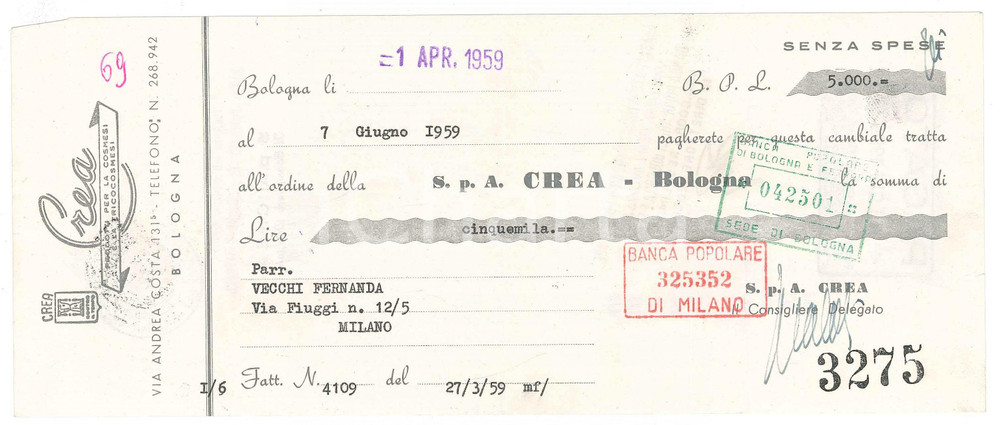 Oggetto da collezione cartaceo 1959 BOLOGNA  Ditta CREA Prodotti cosmesi e tricocosmesi Assegno pubblicitario 1