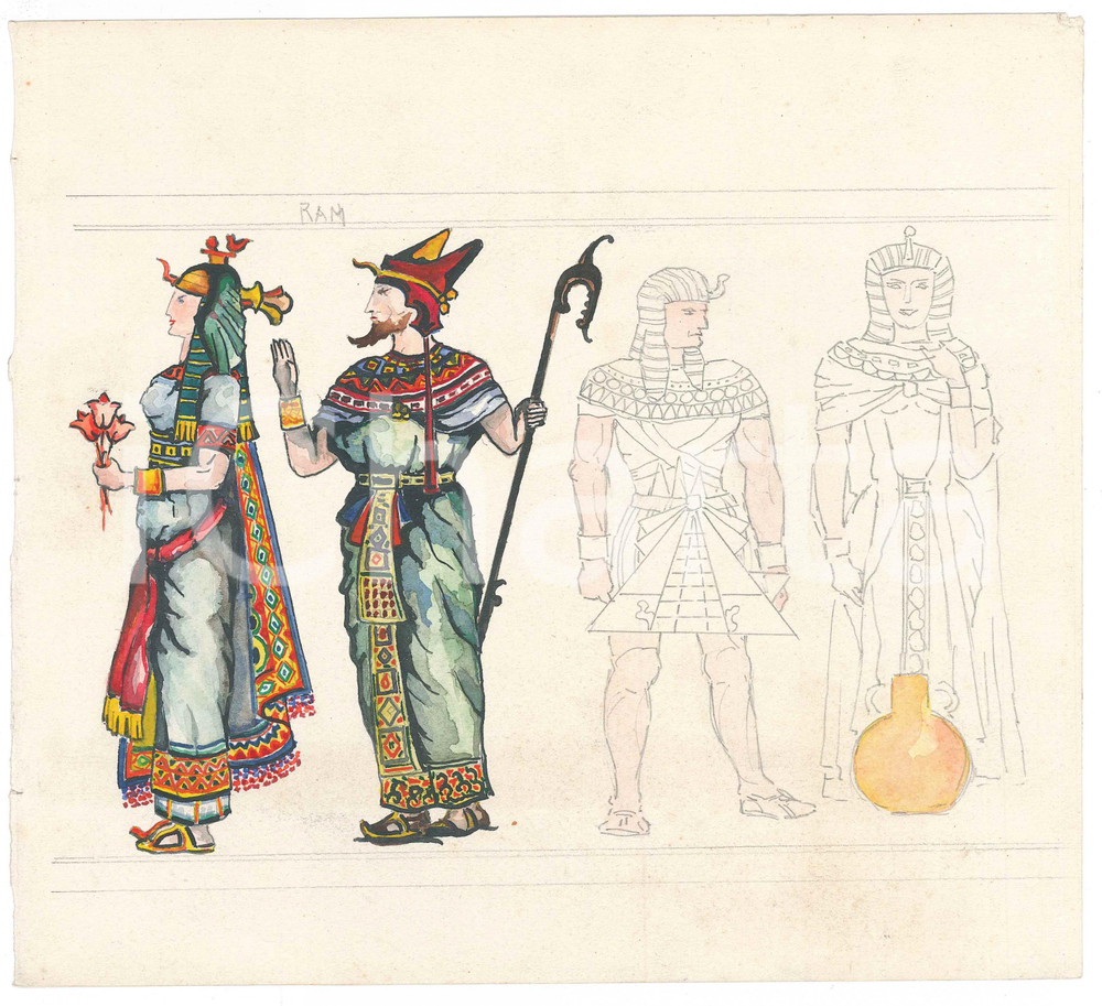 1970 ca ARTE - ANTICO EGITTO - Figurini - Acquerello 25x13 cm