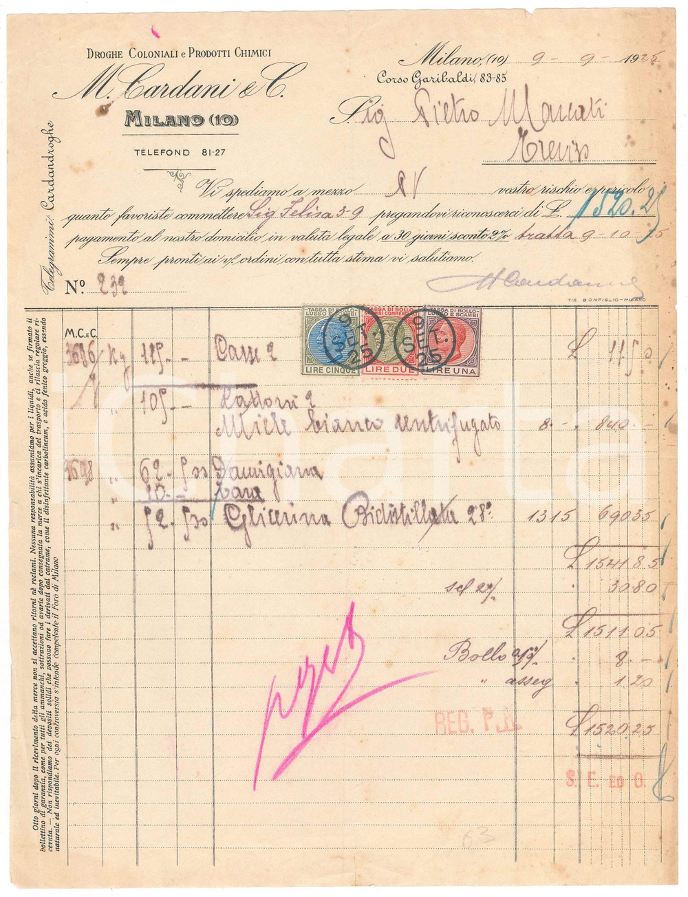Documento originale, autentico 1925 MILANO Corso Garibaldi  M. CARDANI & C. Droghe coloniali Fattura 1
