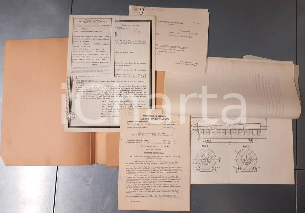 Documento originale, autentico 1963 AUSTRALIA Brevetto Osvaldo BALESTRA  Forno per articoli metallici 1