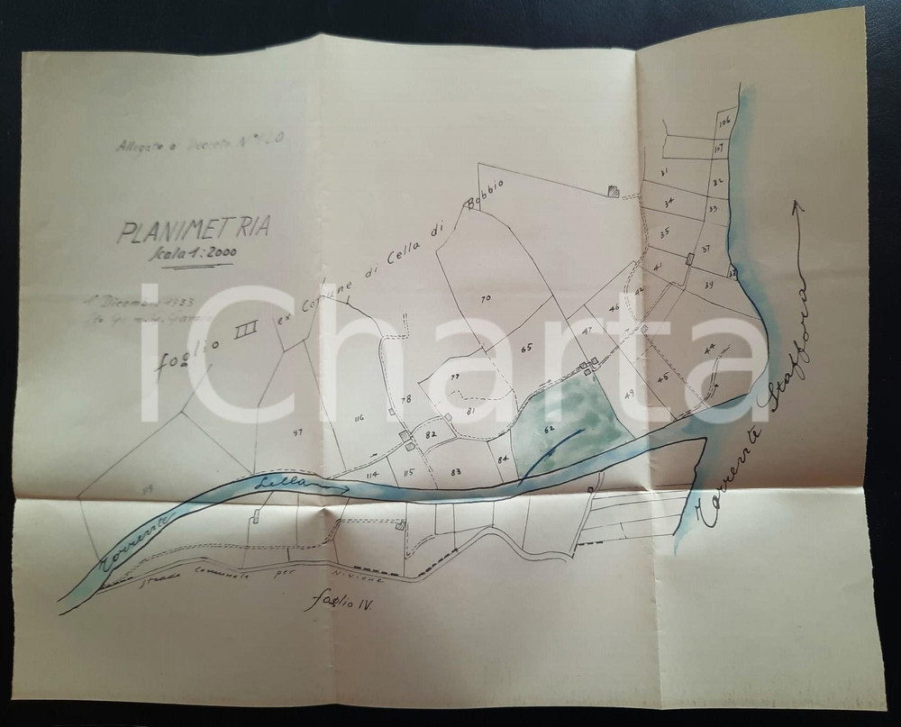 Mappa, planimetria storica 1933 VARZI PV Terreni area Torrente LELLA  Torrente STAFFORA  Planimetria 1