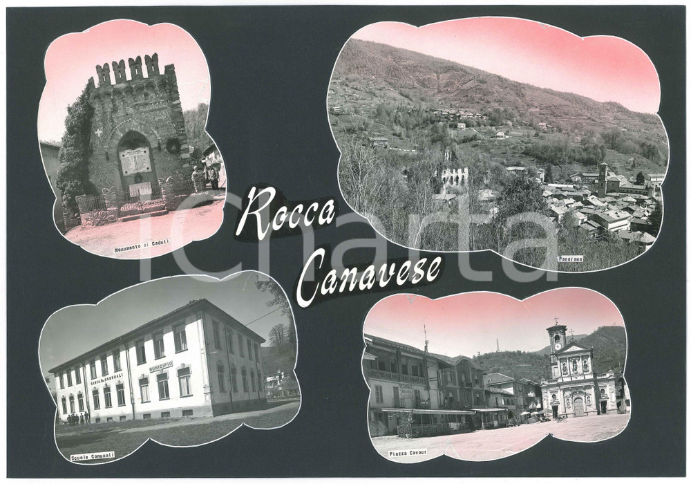 Stampa, bozzetto originale 1965 ca ROCCA CANAVESE TO Vedutine  Piazza CAVOUR Bozzetto per cartolina 1