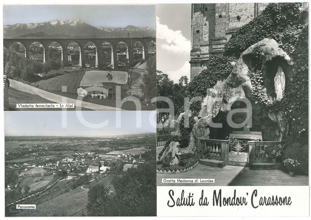 Stampa, bozzetto originale 1965 ca MONDOVI  / CARASSONE Vedutine  Grotta Lourdes  Bozzetto cartolina 1