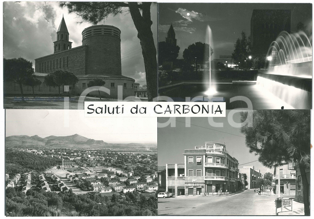 Stampa, bozzetto originale 1965 ca SARDEGNA CARBONIA Vedutine  Chiesa San Ponziano  Bozzetto cartolina 1