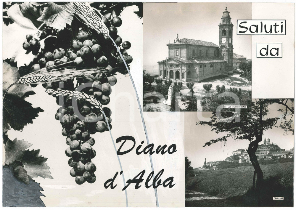 Stampa, bozzetto originale 1965 ca DIANO D ALBA CN Vedutine  Chiesa Parrocchiale Bozzetto cartolina 1