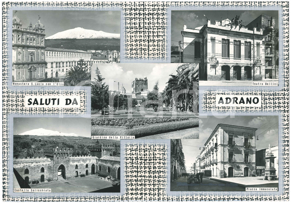 Stampa, bozzetto originale 1960 ca ADRANO CT Vedutine  Castello Solicchiata  Teatro Bozzetto cartolina 1