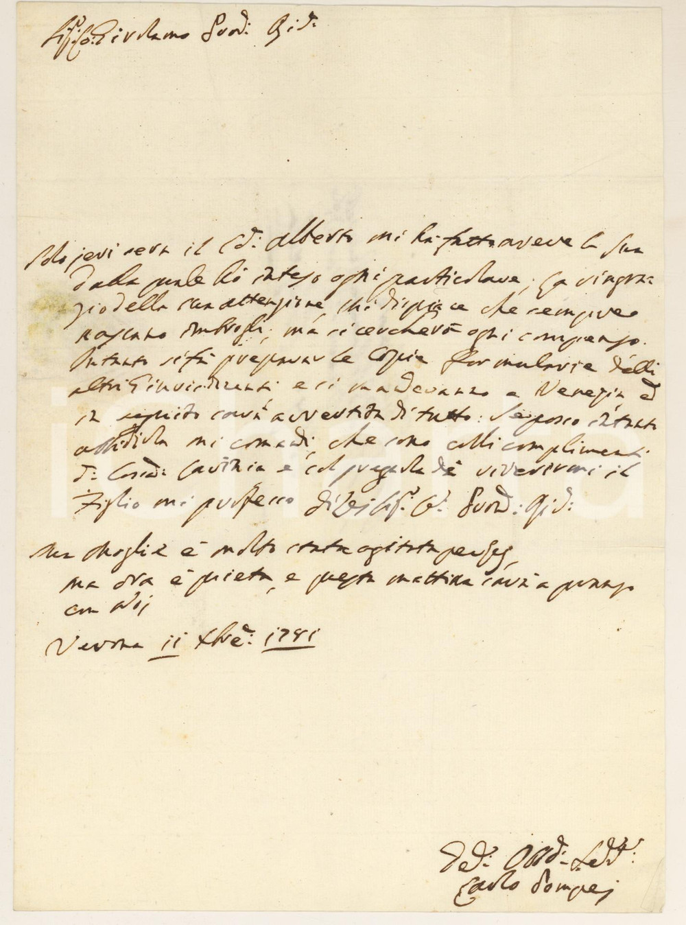 Manoscritto, lettera originale 1781 VERONA Lettera Carlo POMPEI Sempre nascono imbrogli  Prefilatelica 1