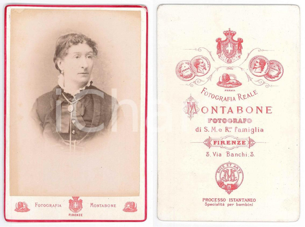 Fotografia d epoca originale 1890 ca FIRENZE Ritratto di donna con medaglione  Foto MONTABONE 11x16 1