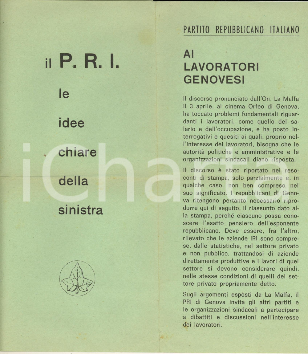 Materiale pubblicitario d’epoca 1965 GENOVA PRI Discorso Ugo LA MALFA ai lavoratori Pieghevole PROPAGANDA 1