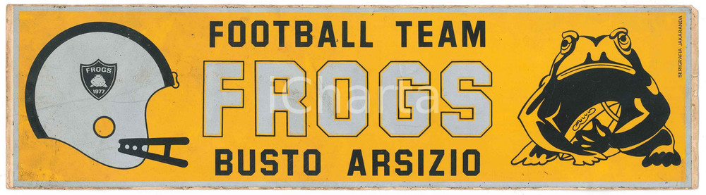 Oggetto da collezione cartaceo 1985 ca FOOTBALL AMERICANO  FROGS BUSTO ARSIZIO Etichetta 30x8 cm 1