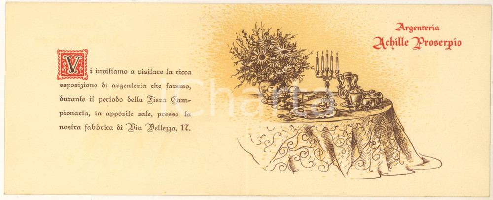 Materiale pubblicitario d’epoca 1960 ca MILANO via Bellezza  Achille PROSERPIO argenteria  Biglietto 1