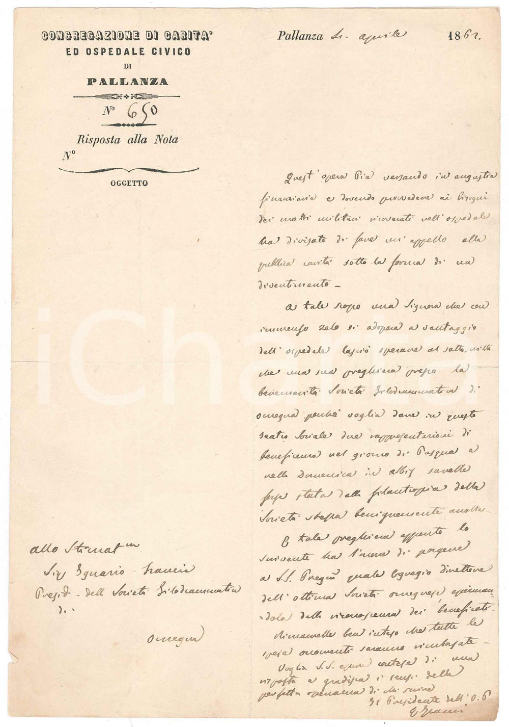 Documento originale, autentico 1862 VERBANIA PALLANZA Ospedale Civico  Lettera Ottavio VIANI pro beneficenza 1