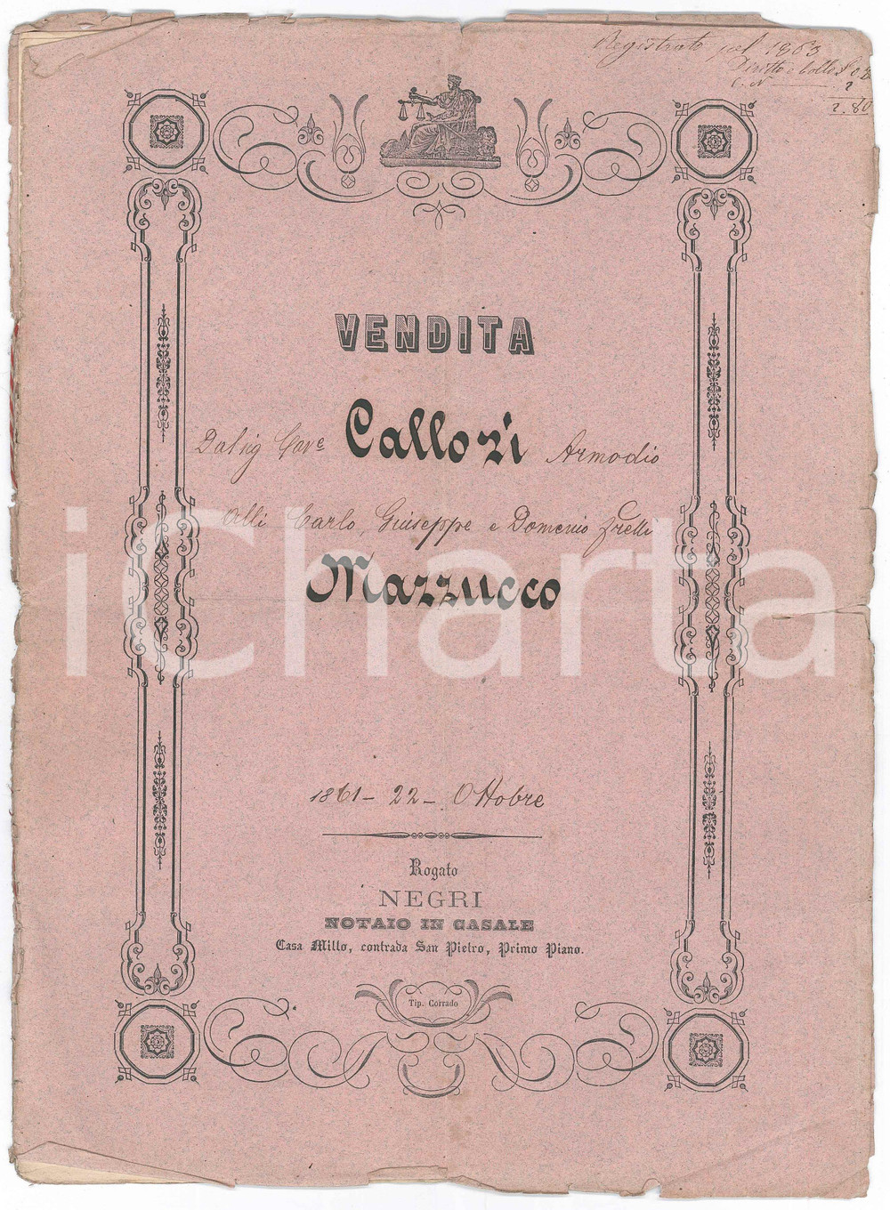 Documento originale, autentico 1861 CASALE MONFERRATO Armodio CALLORI vende terra ai fratelli MAZZUCCO 1