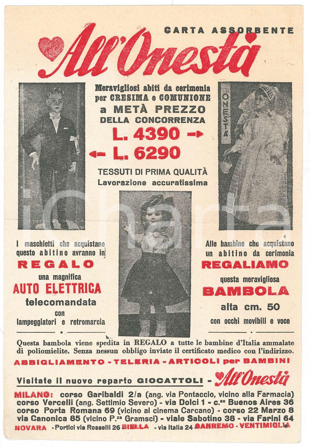 Materiale pubblicitario d’epoca 1960 ca MILANO Magazzini ALL ONESTA  Carta assorbente pubblicitaria 1