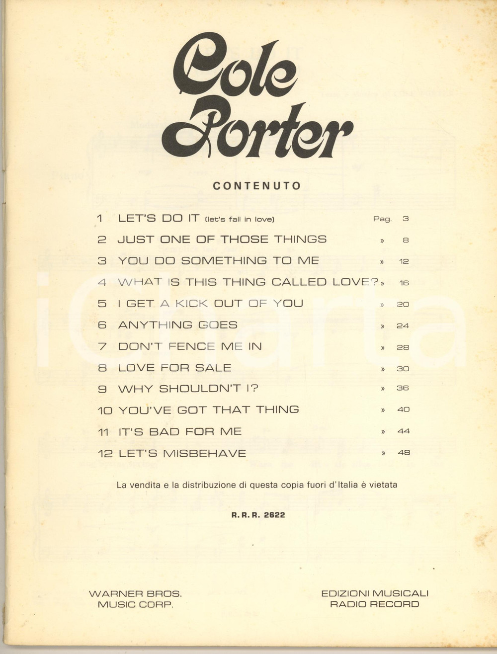 Oggetto da collezione cartaceo 1972 COLE PORTER Raccolta spartiti canzoni WARNER BROS  Ed. Radio Record 1