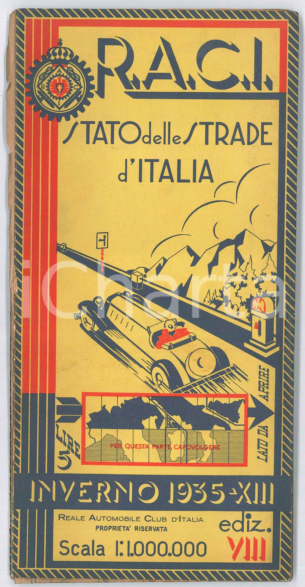 Materiale pubblicitario d’epoca Inverno 1935 RACI Carta automobilistica d Italia PIRELLI SHELL FIAT 1