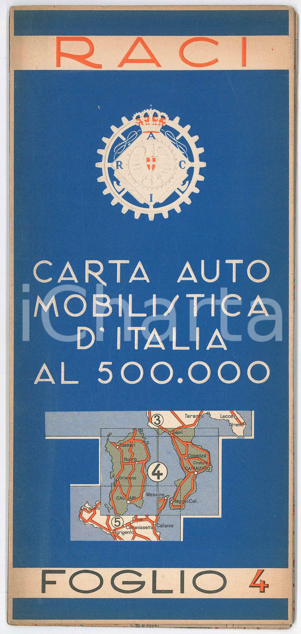 Materiale pubblicitario d’epoca 1939 RACI Carta automobilistica d Italia  Foglio 4 SARDEGNA / CALABRIA PIRELLI 1