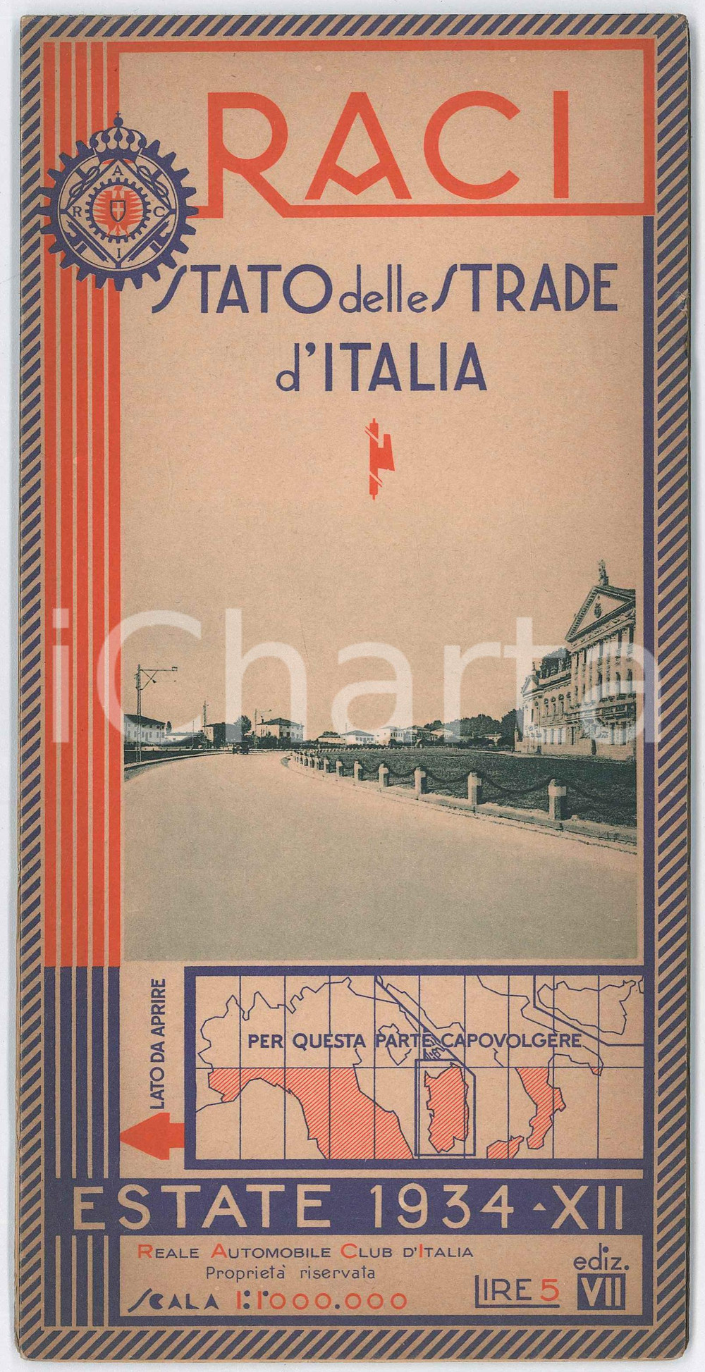 Materiale pubblicitario d’epoca Estate 1934 RACI Carta automobilistica d Italia PIRELLI SHELL FIAT 1