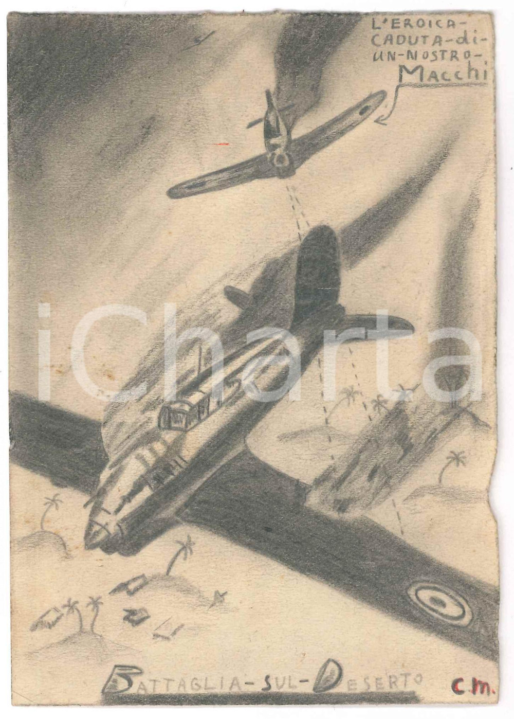 Stampa, bozzetto originale 1940 ca WW2 NORD AFRICA  AVIAZIONE Eroica caduta di un nostro MACCHI Disegno 1