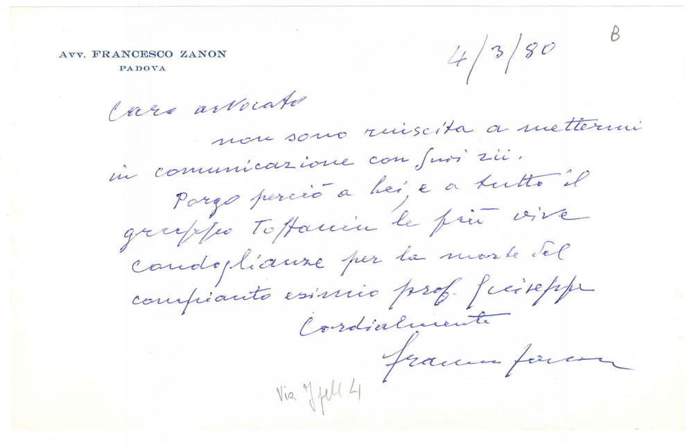 1980 PADOVA Lettera avv. Francesco ZANON per condoglianze - Autografo
