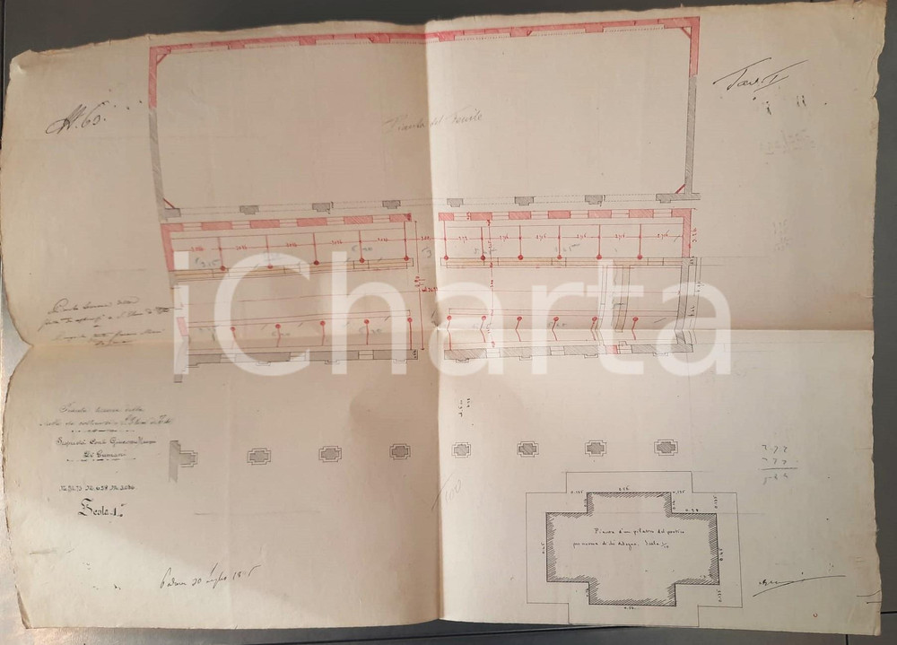 Mappa, planimetria storica 1895 SANT ELENA PD Progetto stalla per conte Giacomo MIARI Disegnato a mano 1