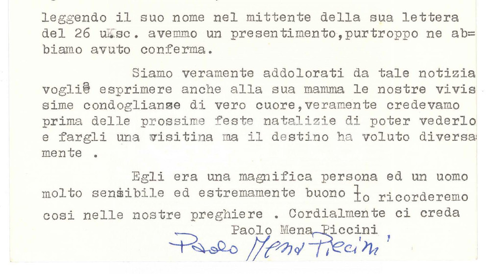 1971 MODENA Biglietto Paolo e Mena PICCINI per condoglianze - Autografo