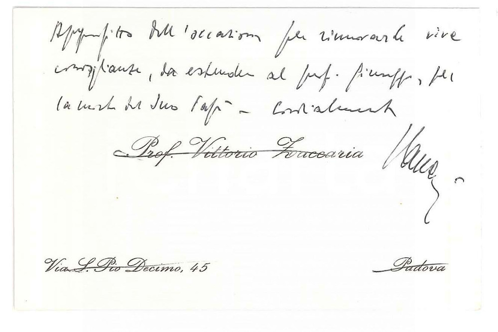 1970 ca Università di PADOVA Prof. Vittorio ZACCARIA - Biglietto AUTOGRAFO