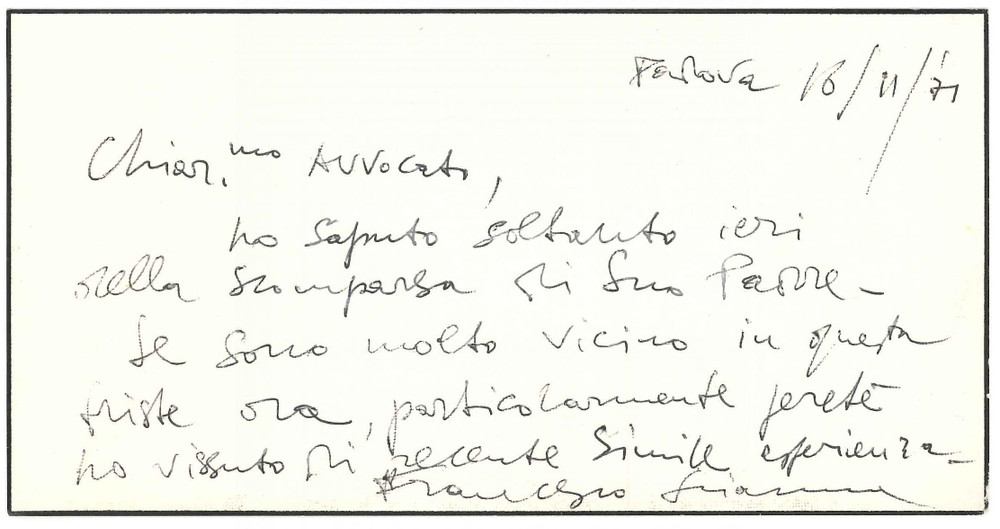 Autografo originale 1971 PADOVA Architetto Francesco SCIANNA  Biglietto AUTOGRAFO condoglianze 1