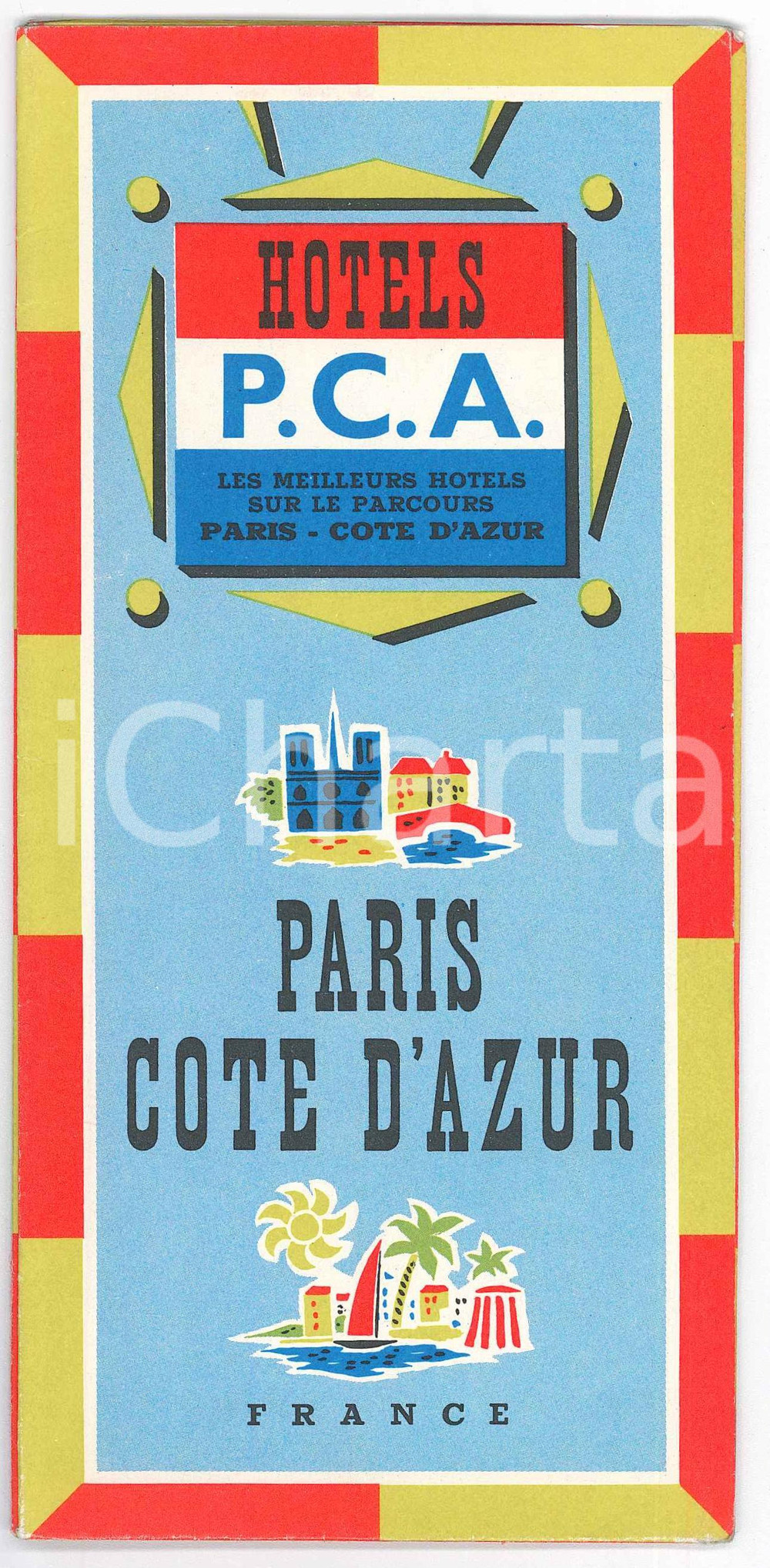 Materiale pubblicitario d’epoca 1960 ca TOURISM PARISCOTE D AZUR Hotels route P.C.A.  Illustrated brochure 1
