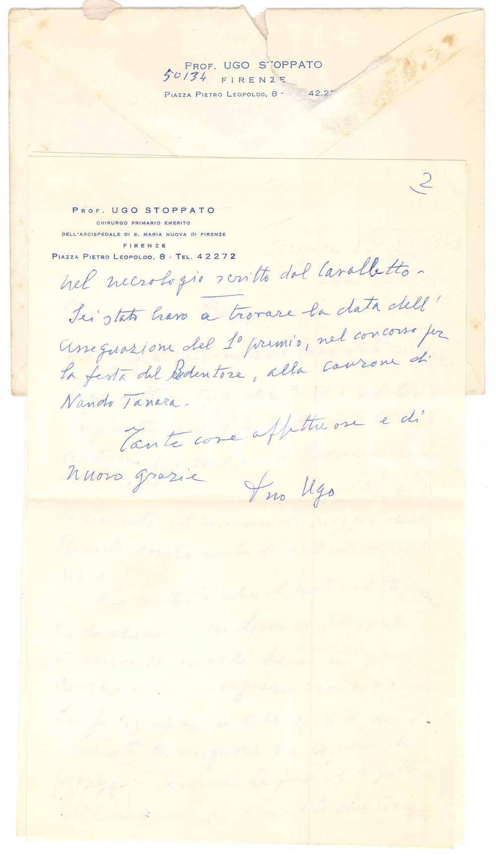 Autografo originale 1968 FIRENZE Ugo STOPPATO ringrazia per articolo sul padre Lorenzo  AUTOGRAFO 1