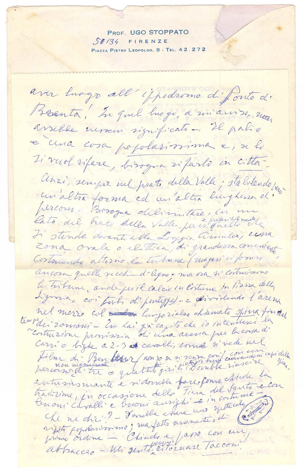 Autografo originale 1969 FIRENZE Lettera Ugo STOPPATO  Ricordi di Padova e amici  AUTOGRAFO 1