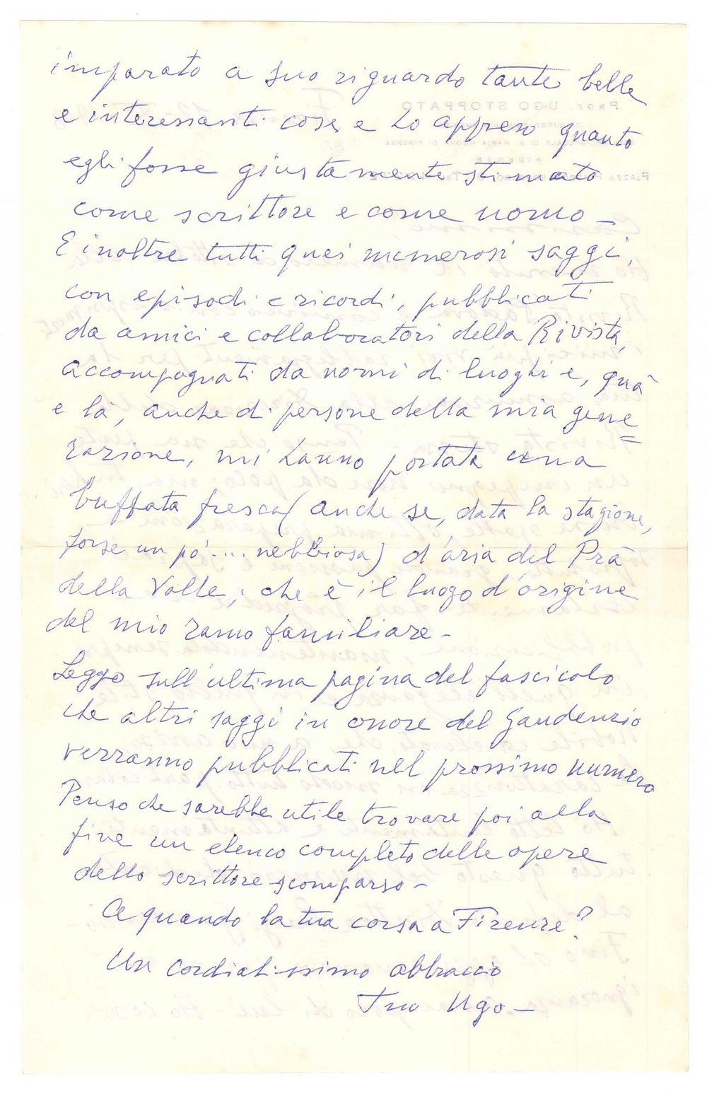 1968 FIRENZE Lettera Ugo STOPPATO sulla rivista "Padova" - AUTOGRAFO