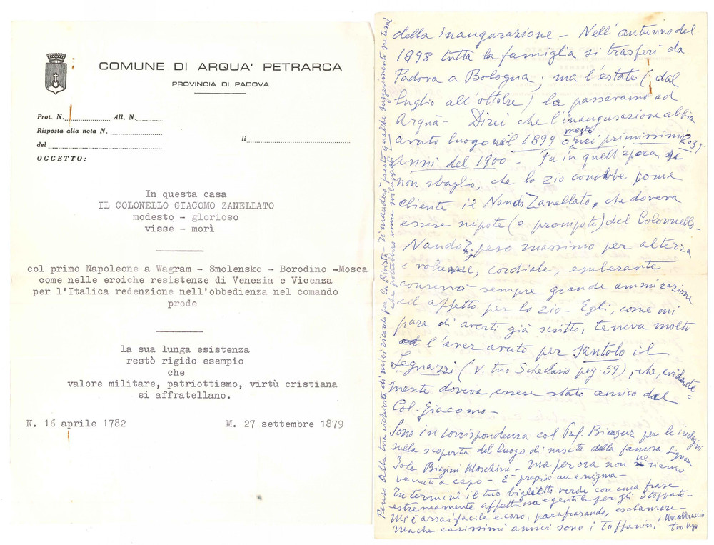 Autografo originale 1969 FIRENZE Ugo STOPPATO su Giacomo ZANELLATO ArquÃ  Petrarca  AUTOGRAFO 1