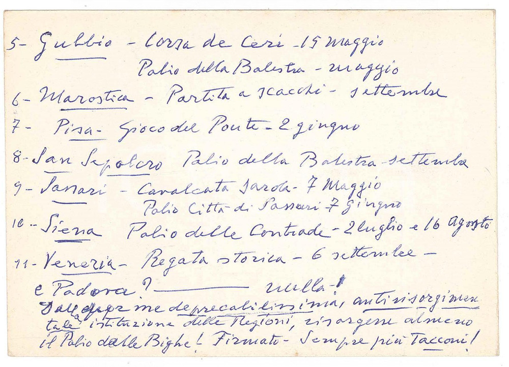 Autografo originale 1970 FIRENZE Biglietto Ugo STOPPATO  Calendario eventi folklore AUTOGRAFO 1