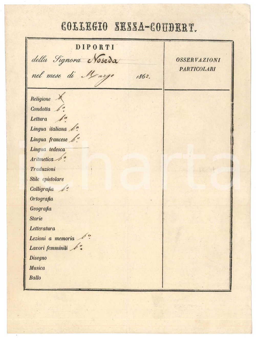 Documento originale, autentico Marzo 1862 MILANO  Collegio SESSA  COUDERT  Diporti Lia NOSEDA  Pagella 1