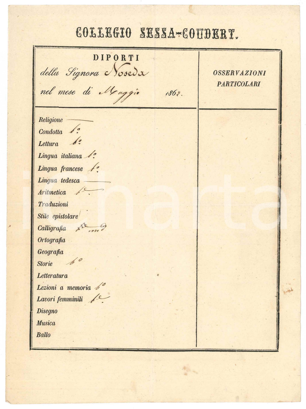 Documento originale, autentico Maggio 1862 MILANO  Collegio SESSA  COUDERT  Diporti Lia NOSEDA  Pagella 1