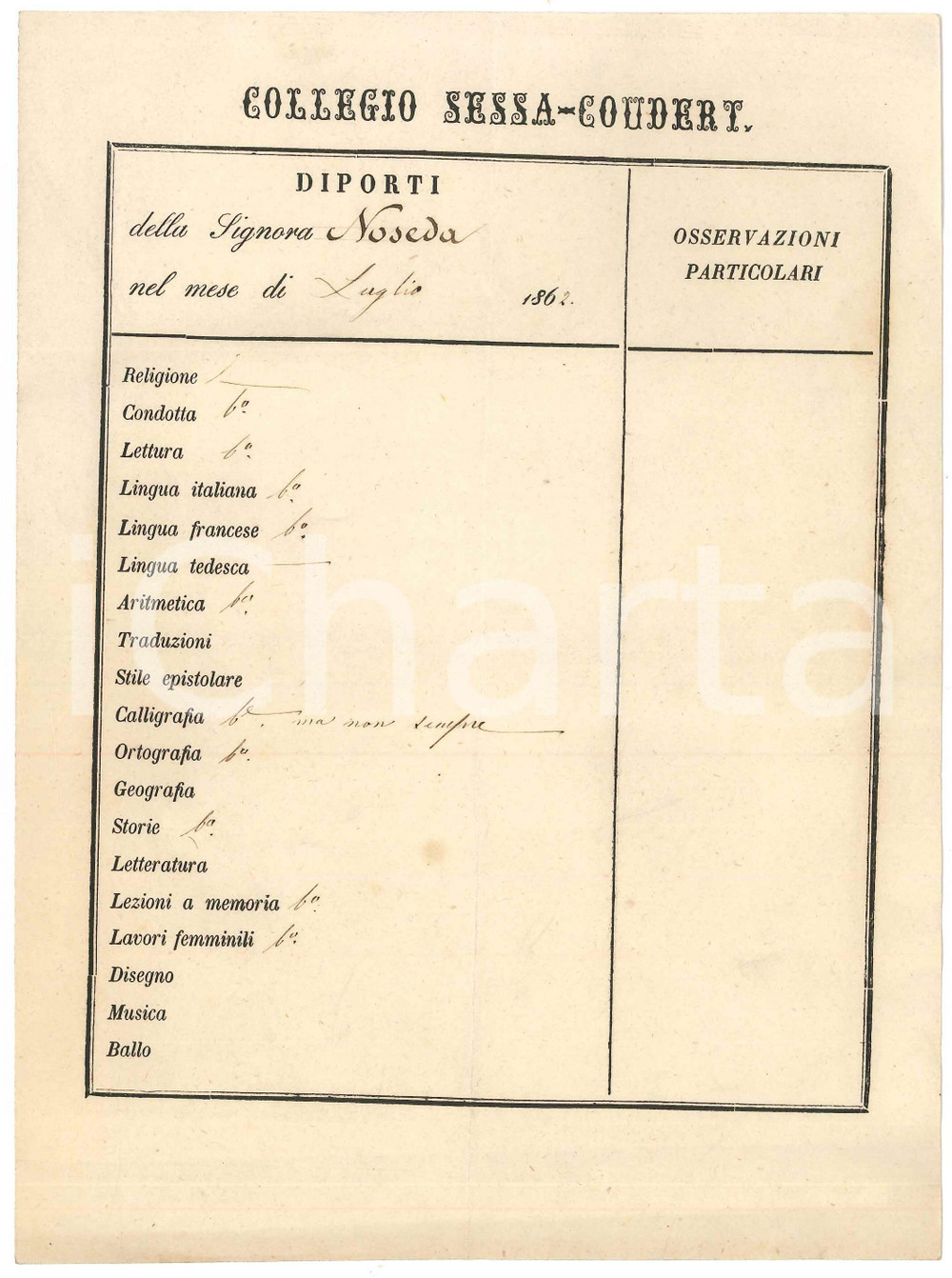Documento originale, autentico Luglio 1862 MILANO  Collegio SESSA  COUDERT  Diporti Lia NOSEDA  Pagella 1